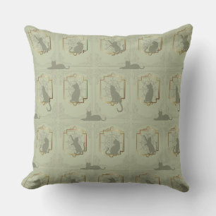 Elegant Art Deco Cats - Green Throw Pillow