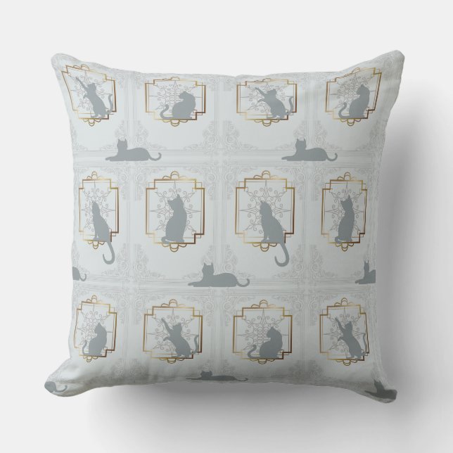 Elegant Art Deco Cats - Light Gray Throw Pillow (Front)