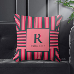 Elegant Art Deco Charcoal Pink Monogram Pattern Throw Pillow