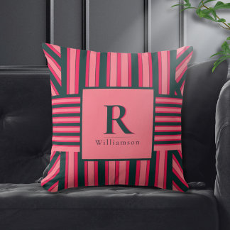 Elegant Art Deco Charcoal Pink Monogram Pattern Throw Pillow