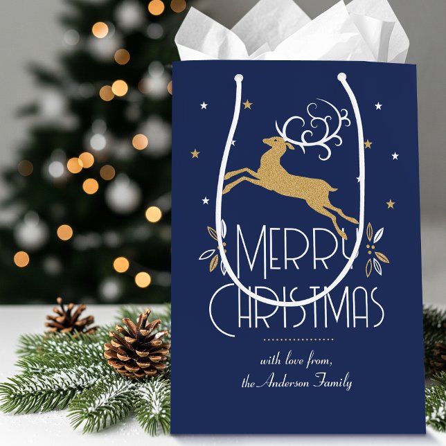 Elegant Art Deco Christmas Reindeer Dark Blue Gold Medium Gift Bag (Creator Uploaded)