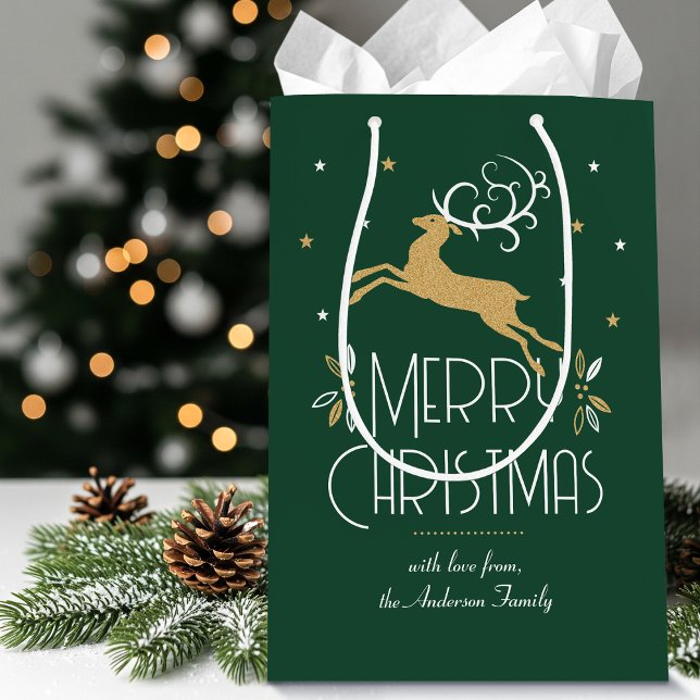 Elegant Art Deco Christmas Reindeer Green Gold Medium Gift Bag (Creator Uploaded)