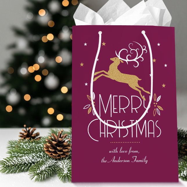 Elegant Art Deco Christmas Reindeer Plum Gold Medium Gift Bag (Creator Uploaded)