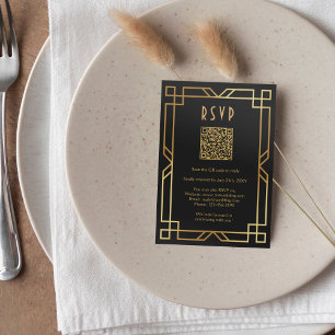 Elegant Art Deco Classic Gold Black QR RSVP Card