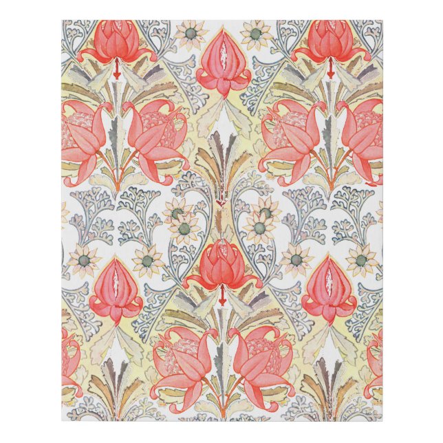 Elegant Art Deco Coral Red Flowers Pattern Faux Canvas Print (Front)