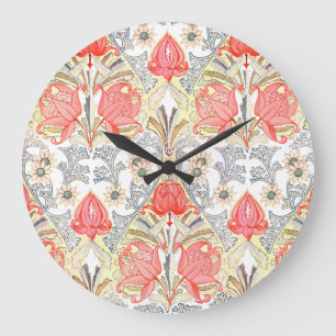 Elegant Art Deco Coral Red Flowers Pattern Large Clock