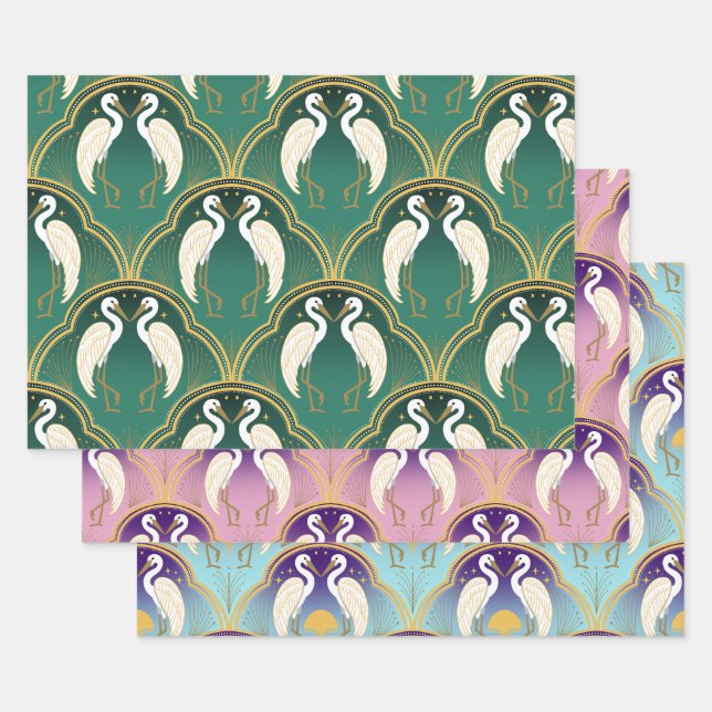 Elegant Art Deco Crane Pattern  Wrapping Paper Sheets (Set)