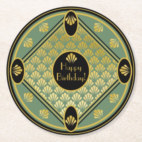Elegant Art Deco Fan Pattern Custom Text Birthday Round Paper Coaster
