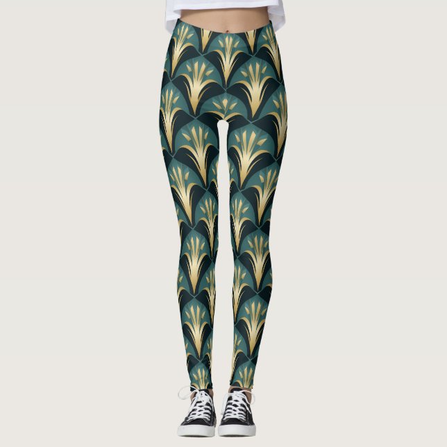 Elegant Art Deco Fan Pattern in Gold and Teal Leggings (Front)
