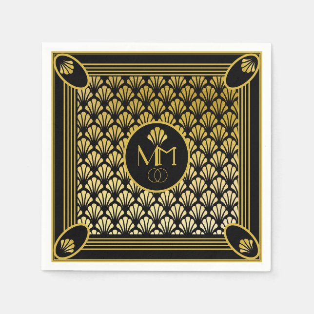 Elegant Art Deco Fan Pattern Monogram Wedding Napkins (Front)