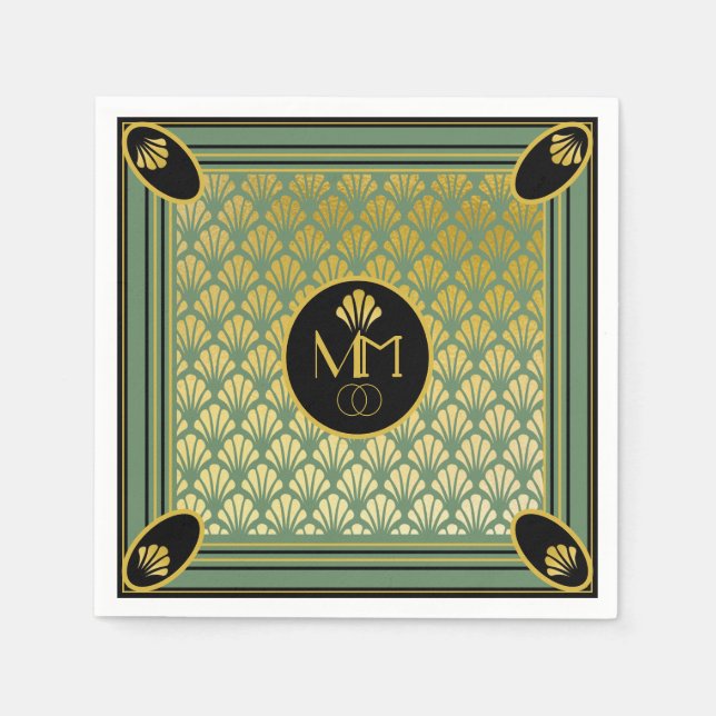 Elegant Art Deco Fan Pattern Monogram Wedding Napkins (Front)