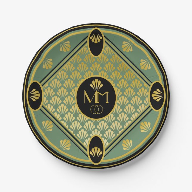 Elegant Art Deco Fan Pattern Monogram Wedding Paper Plates (Front)