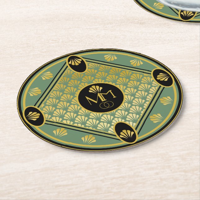 Elegant Art Deco Fan Pattern Monogram Wedding Round Paper Coaster (Angled)