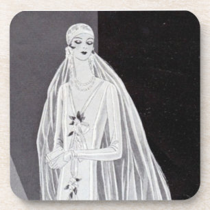Elegant Art Deco Flapper Bride Illustration Beverage Coaster