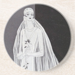 Elegant Art Deco Flapper Bride Illustration Sandstone Coaster