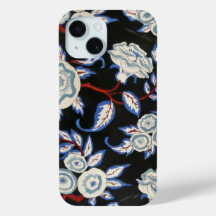 ELEGANT ART DECO FLORAL,BLUE WHITE ROSES IN BLACK iPhone 15 CASE