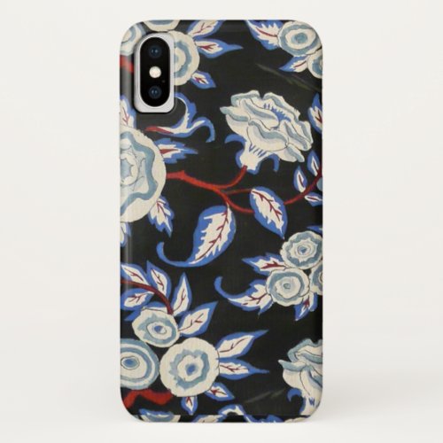 ELEGANT ART DECO FLORALBLUE WHITE ROSES IN BLACK iPhone X CASE