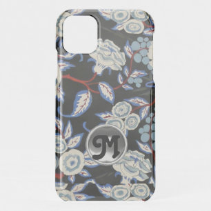 ELEGANT ART DECO FLORAL,BLUE WHITE ROSES IN BLACK iPhone 11 CASE