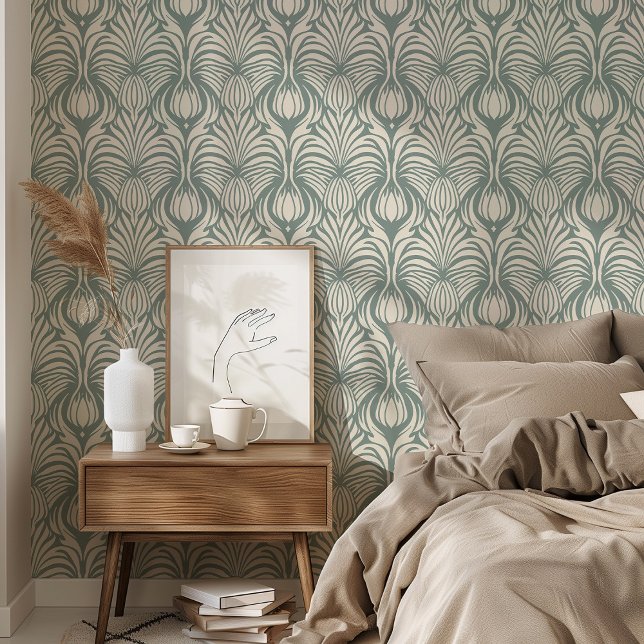 Elegant Art Deco Floral Feather Pattern Soft Teal Wallpaper (Creator Uploaded)
