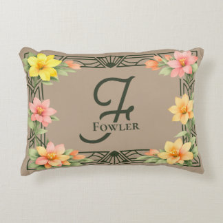 Elegant Art Deco Floral Monogram Family Name Accent Pillow