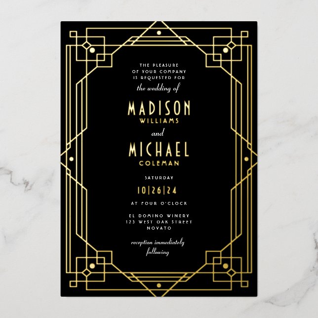 Elegant Art Deco Frame Wedding REAL Foil Invitatio Invitation (Front)