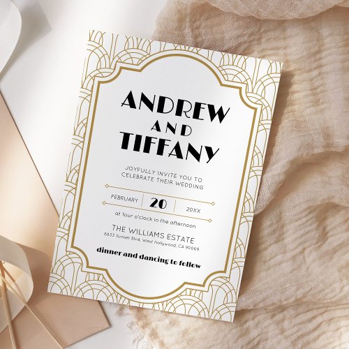 Elegant Art Deco Gatsby 1920s Wedding White Gold Invitation