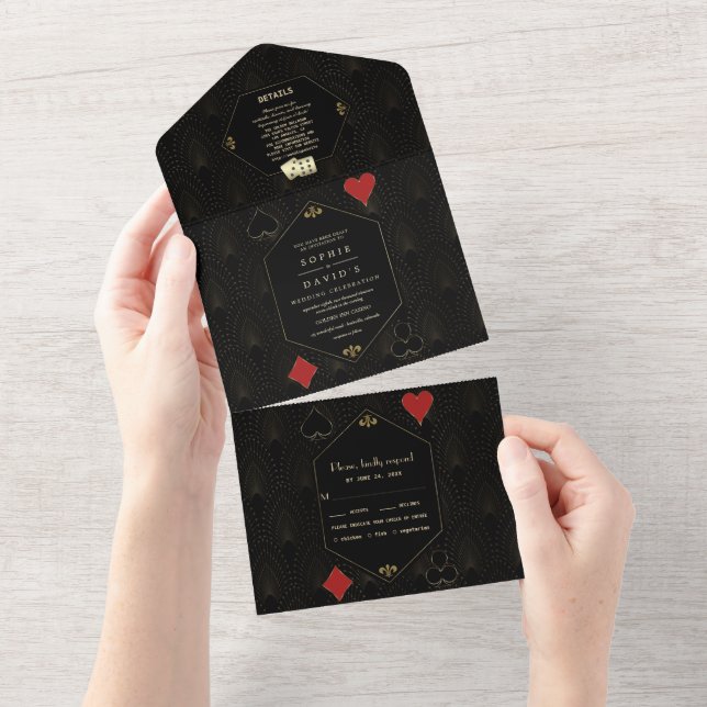 Elegant Art Deco Gatsby Casino Vegas Poker Wedding All In One Invitation (Tearaway)