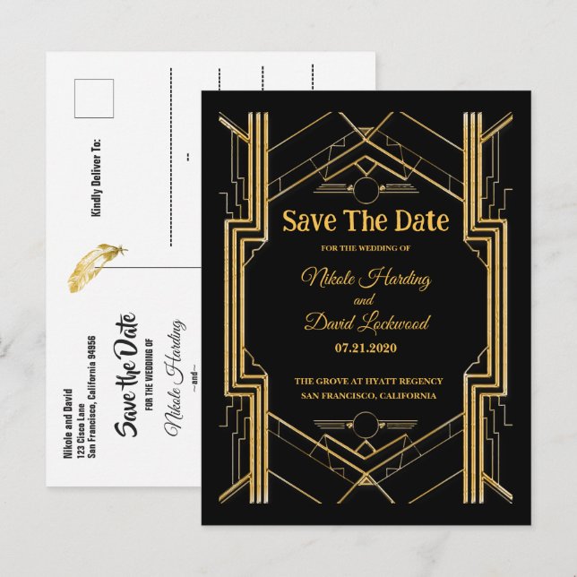 Elegant Art Deco Gatsby Save The Date  Announcement Postcard (Front/Back)