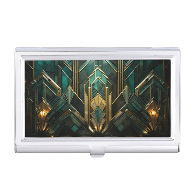 Elegant Art Deco Geometric Gold Turquoise Black Business Card Case (Front)