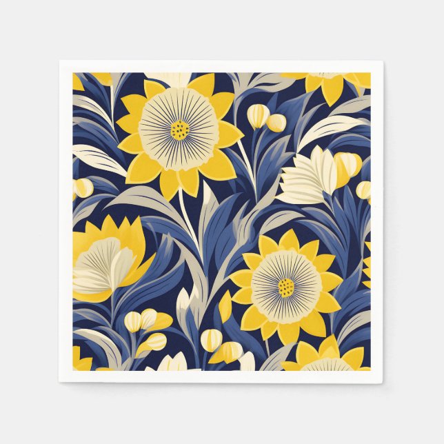 Elegant Art Deco Geometric Navy and Yellow Floral  Napkins (Front)