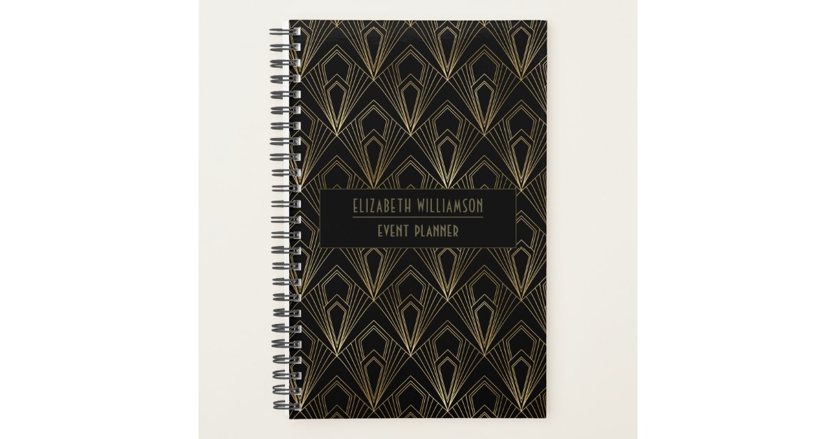 Elegant Art Deco Geometric Pattern| Black and Gold Planner | Zazzle