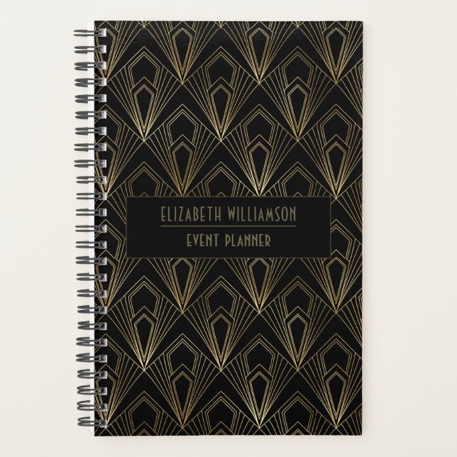 Elegant Art Deco Geometric Pattern| Black and Gold Planner (Front)