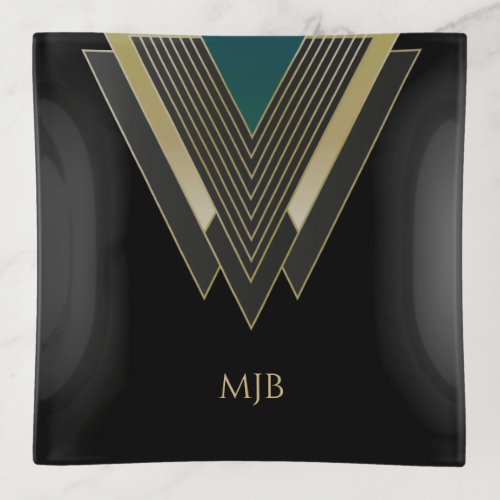 Elegant Art Deco Geometric Pattern with Monogram Trinket Tray