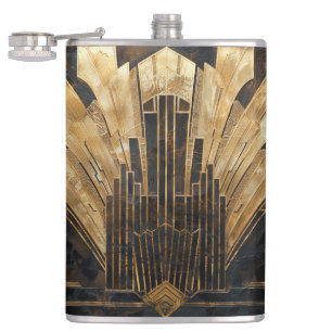 Elegant Art Deco Gold Black Cityscape Flask