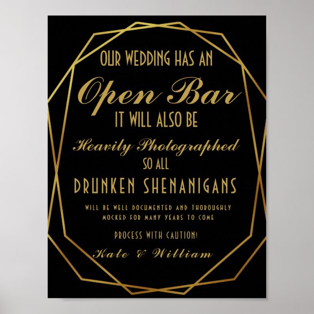 Elegant art deco Gold & Black Open Bar Poster (Front)
