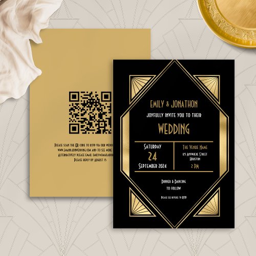 Elegant Art Deco Gold Black QR Code Wedding Invitation