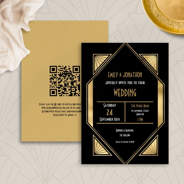 Elegant Art Deco Gold Black QR Code Wedding Invitation (Front and back view)