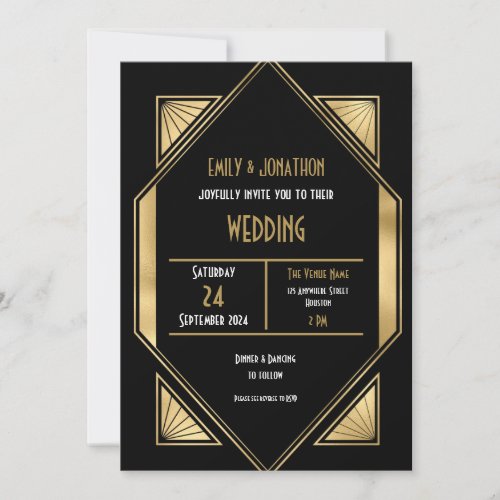 Elegant Art Deco Gold Black QR Code Wedding Invitation