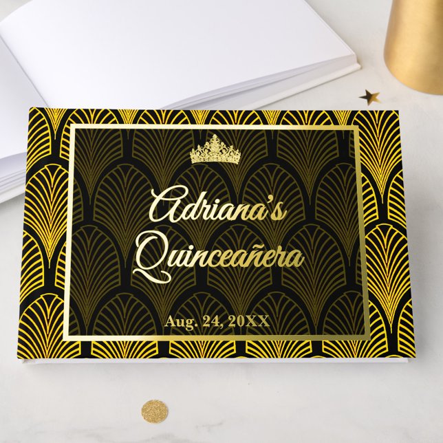 Elegant Art Deco Gold Black Quinceanera Foil Guest Book (Creator Uploaded)