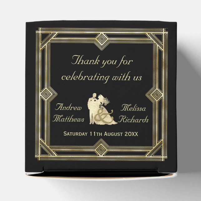 Elegant Art Deco Gold Black Wedding Favor Boxes (Top)