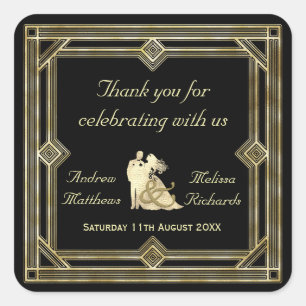 Elegant Art Deco Gold Black Wedding Favor Custom Square Sticker