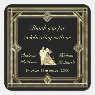 Elegant Art Deco Gold Black Wedding Favor Custom Square Sticker