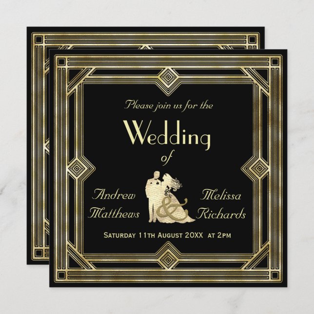 Elegant Art Deco Gold Black Wedding Invitation (Front/Back)