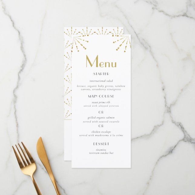 Elegant Art Deco Gold Fan Flowers Bridal Shower Menu (Front/Back In Situ)