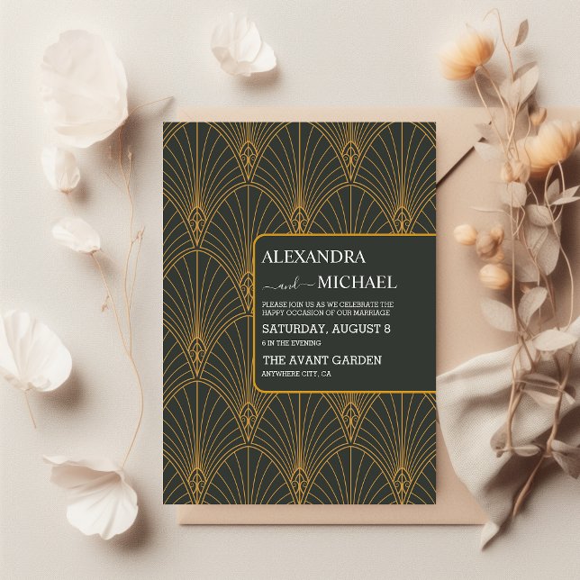 Elegant Art Deco Gold Green Wedding Invitation (Creator Uploaded)