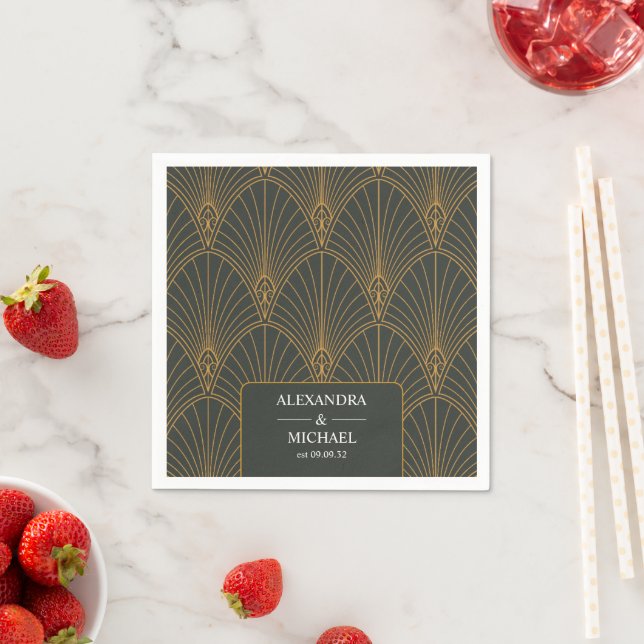 Elegant Art Deco Gold Green Wedding Napkins (Insitu)