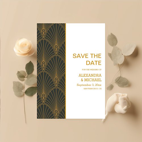 Elegant Art Deco Gold Green Wedding Save The Date