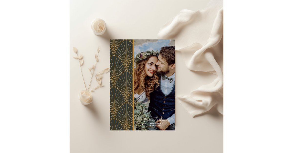 Elegant Art Deco Gold Green Wedding Thank You Card | Zazzle