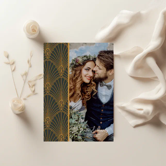 Elegant Art Deco Gold Green Wedding Thank You Card | Zazzle