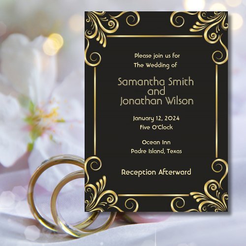 Elegant Art Deco Gold on Black Wedding Invitation 